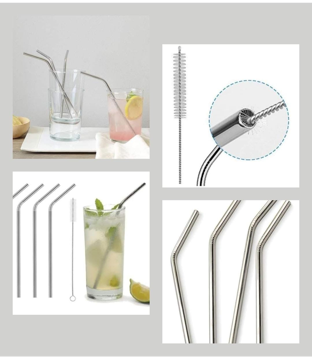 Reusable Stainless Steel Straws Set of 4 + Cleaning Brush