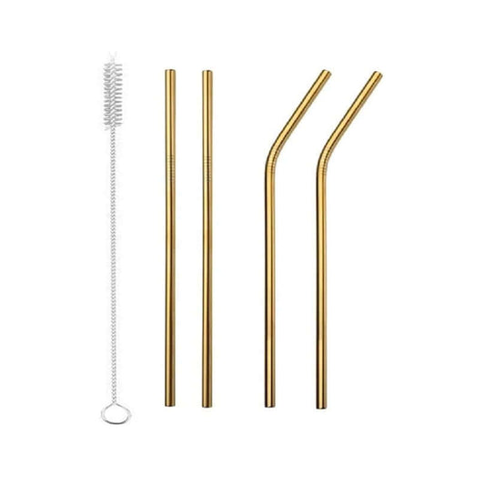 Golden Generic 5pcs Reusable Drinking Straws with Cleaning Brushes – Eco-Friendly Stainless Steel Straw Set