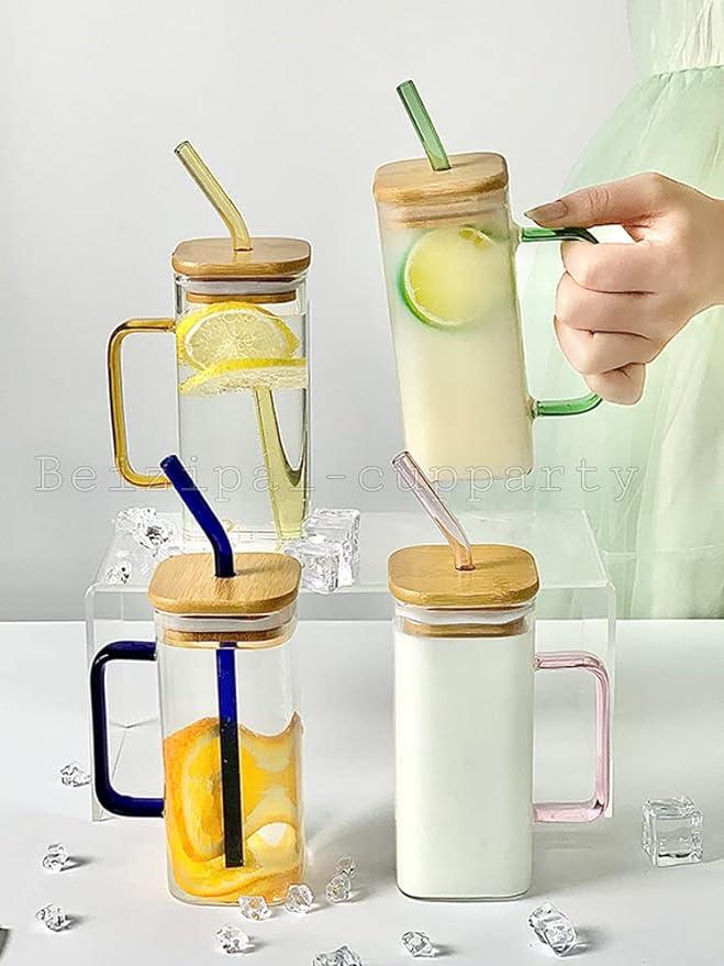 Square Glass Cup with Bamboo Lid & Reusable Straw – Eco-Friendly Iced Coffee & Juice Tumbler