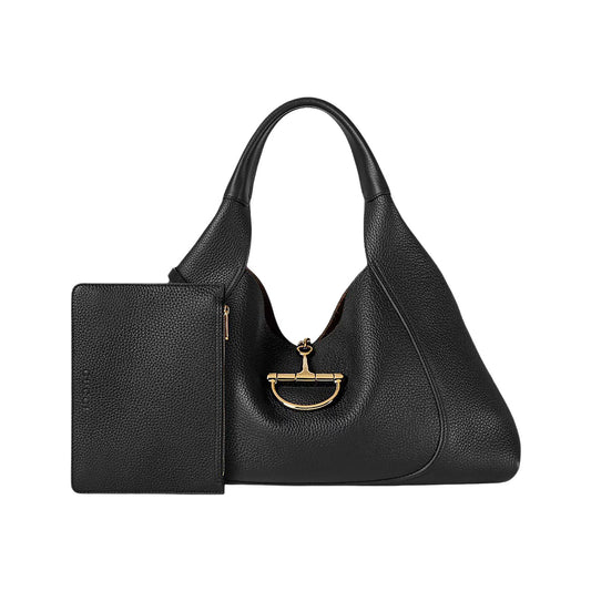 Black handbag with a matching pouch on a white background
