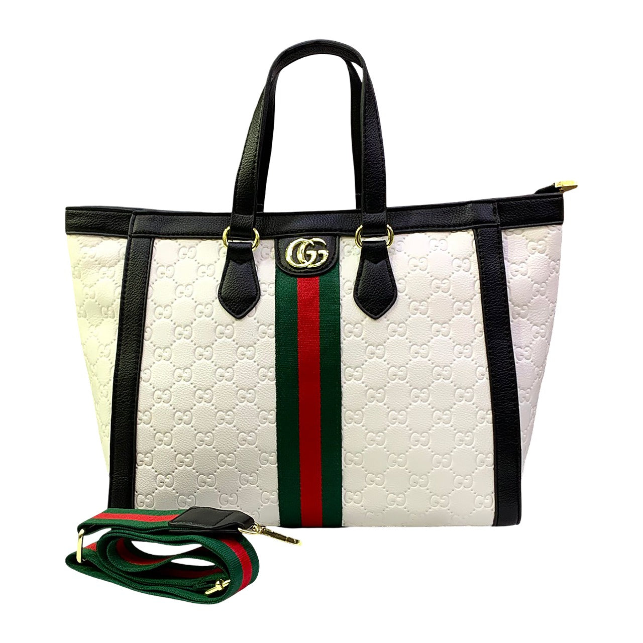 Designer handbag with Gucci logo and color stripe on a white background