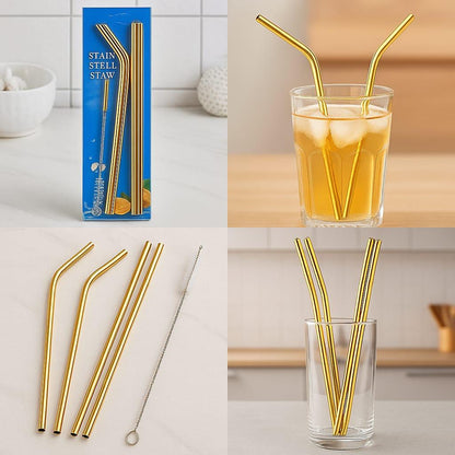 Golden Generic 5pcs Reusable Drinking Straws with Cleaning Brushes – Eco-Friendly Stainless Steel Straw Set