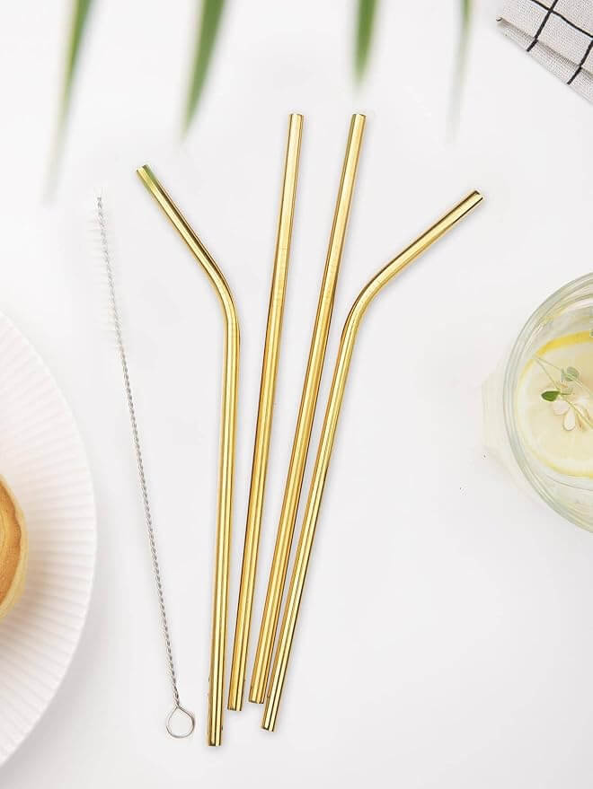 Golden Generic 5pcs Reusable Drinking Straws with Cleaning Brushes – Eco-Friendly Stainless Steel Straw Set