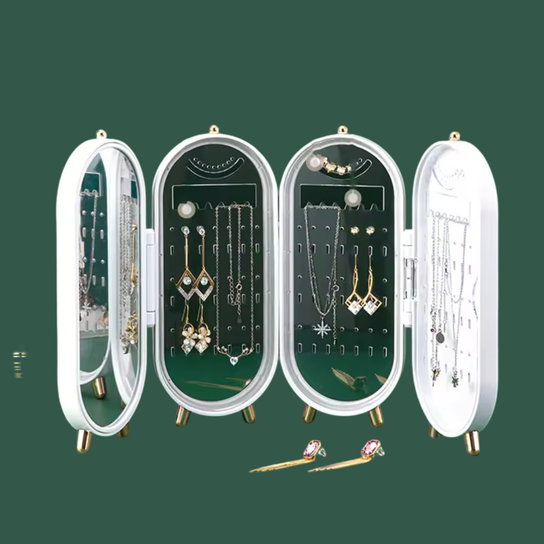 Foldable Luxury Jewellery Organizer with Mirror – Elegant Standing Necklace & Earrings Holder Box