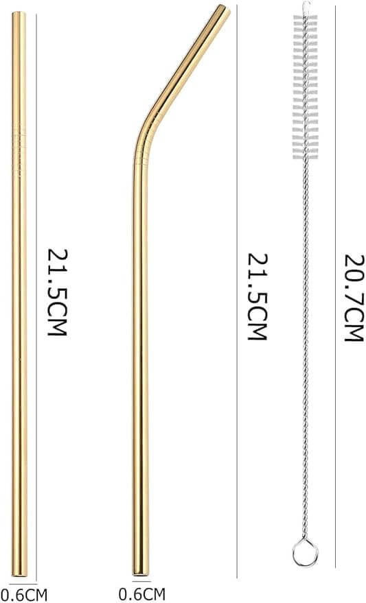 Golden Generic 5pcs Reusable Drinking Straws with Cleaning Brushes – Eco-Friendly Stainless Steel Straw Set