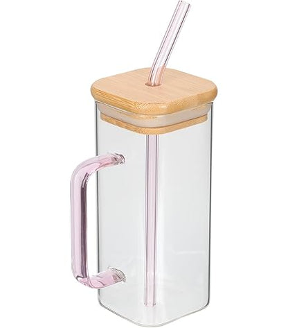 Square Glass Cup with Bamboo Lid & Reusable Straw – Eco-Friendly Iced Coffee & Juice Tumbler