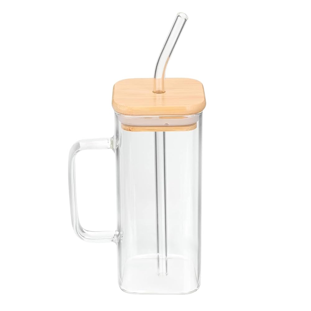 Square Glass Cup with Bamboo Lid & Reusable Straw – Eco-Friendly Iced Coffee & Juice Tumbler