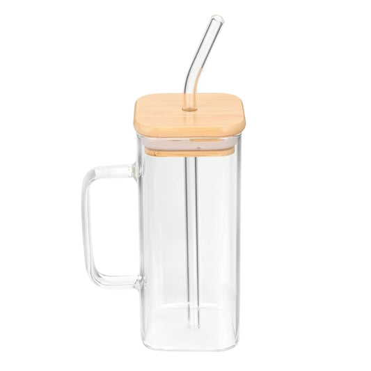 Square Glass Cup with Bamboo Lid & Reusable Straw – Eco-Friendly Iced Coffee & Juice Tumbler