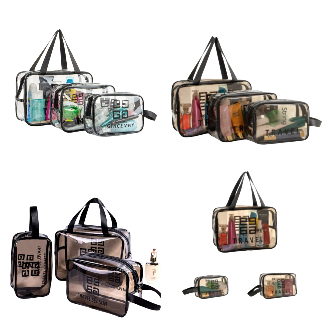 Pack of 3 Transparent Toiletry & Cosmetic Bags – Travel Pouches