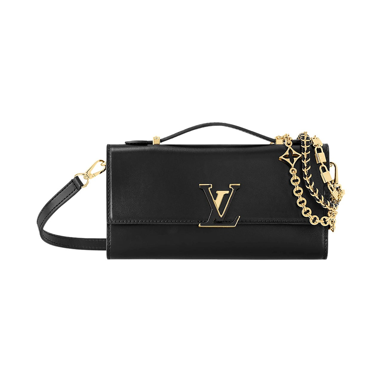 Black handbag with gold chain and logo on a white background