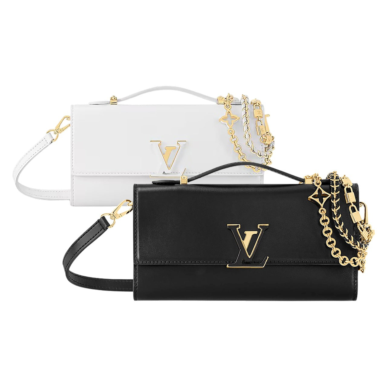 Black and white handbags with gold chains on a white background