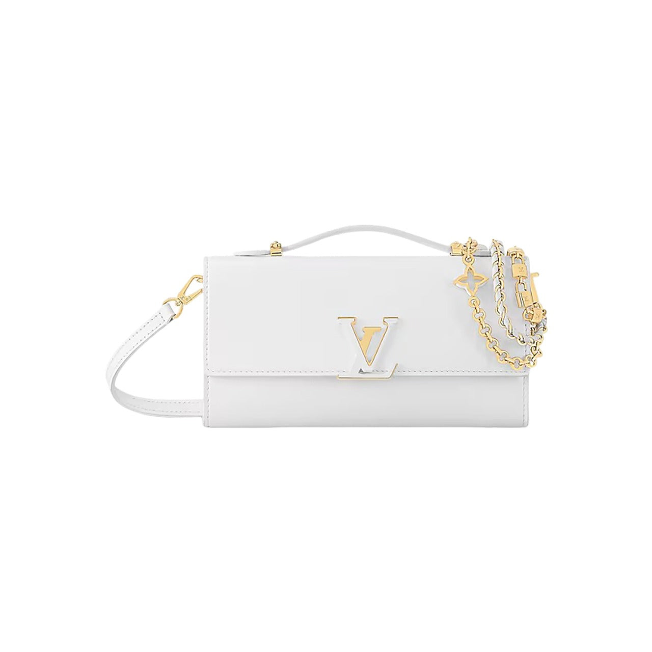 White handbag with gold chain and logo on a white background