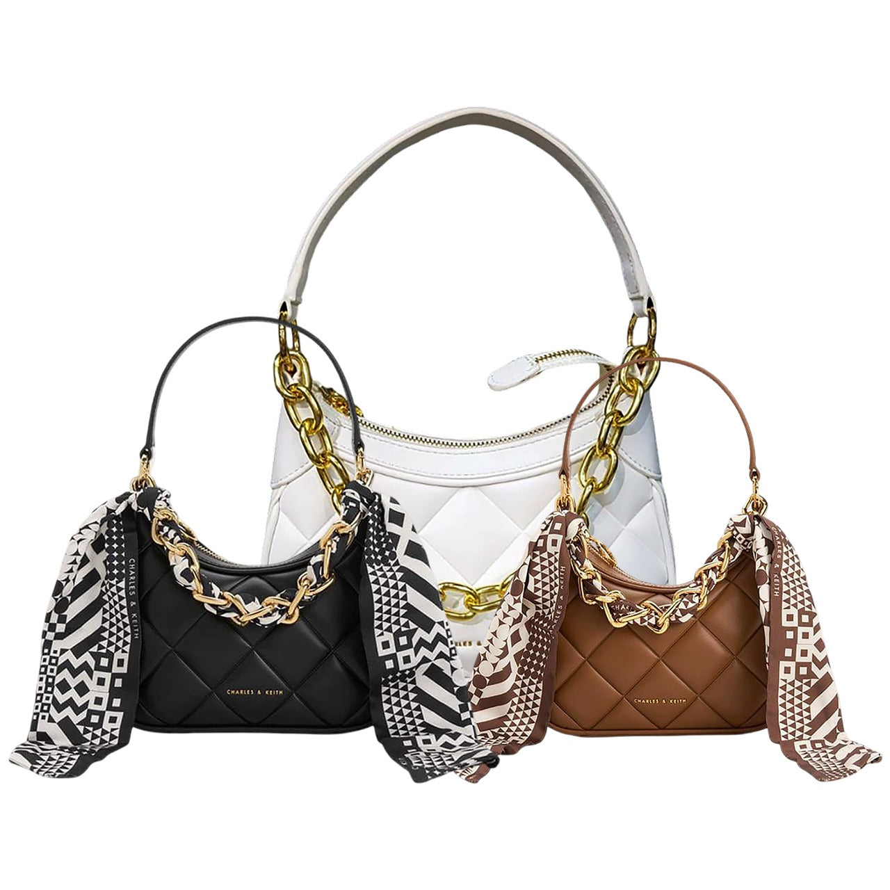Three quilted handbags in black, white, and brown with gold chains and scarves on a white background.