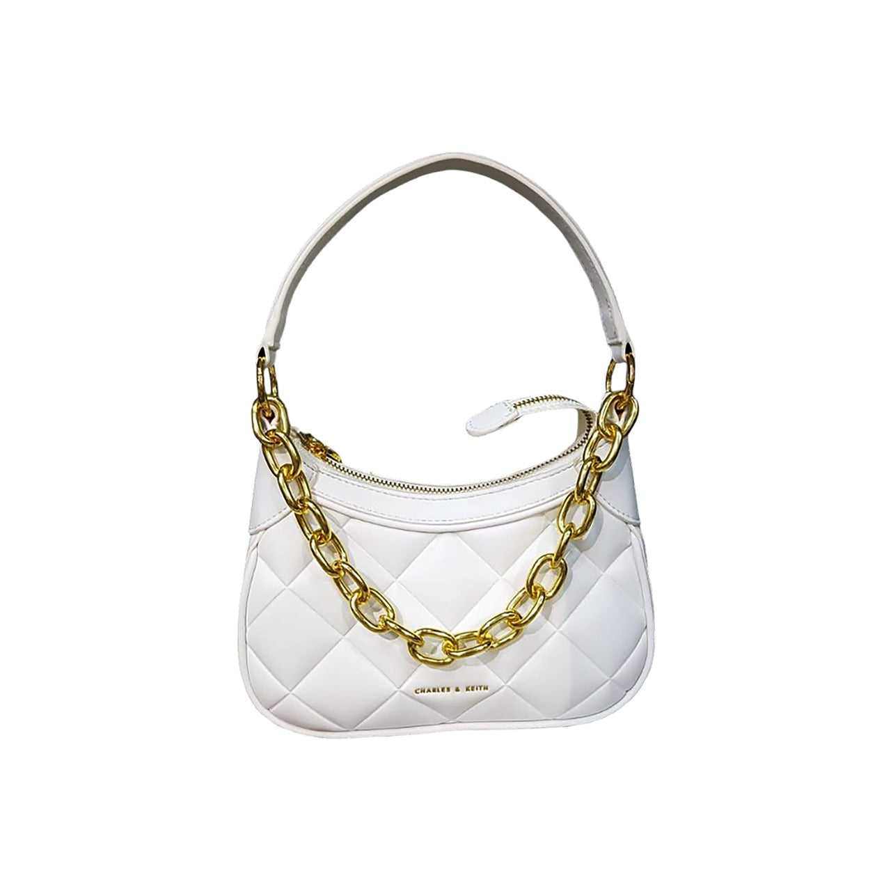 White quilted handbag with a gold chain on a white background