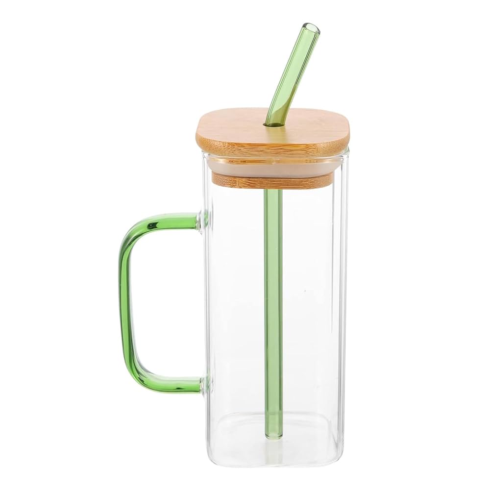 Square Glass Cup with Bamboo Lid & Reusable Straw – Eco-Friendly Iced Coffee & Juice Tumbler