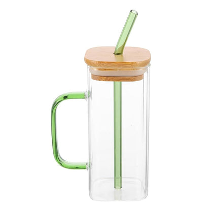 Square Glass Cup with Bamboo Lid & Reusable Straw – Eco-Friendly Iced Coffee & Juice Tumbler