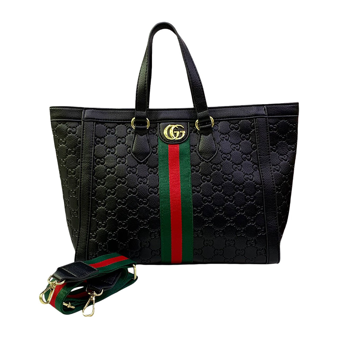 Black Gucci handbag with a green and red stripe on a white background