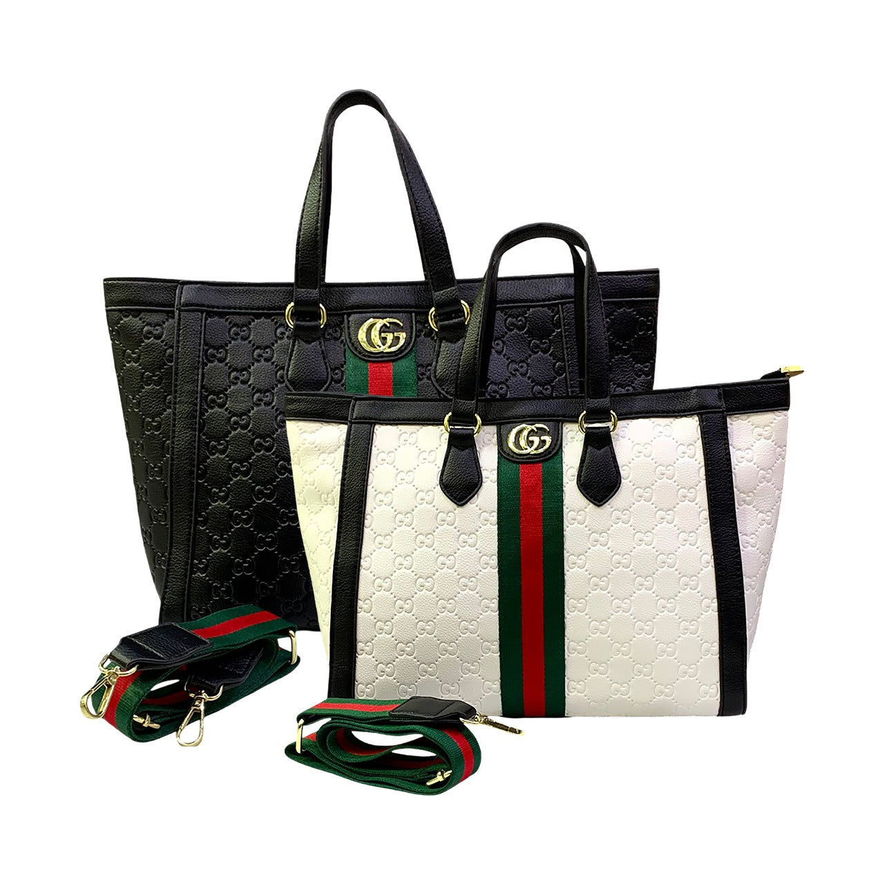 Two Gucci handbags, one black and one white with red and green stripes, on a white background.