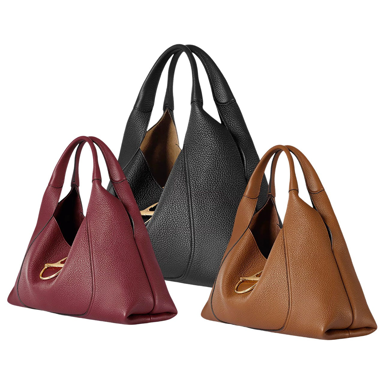 Three leather handbags in red, black, and brown on a white background