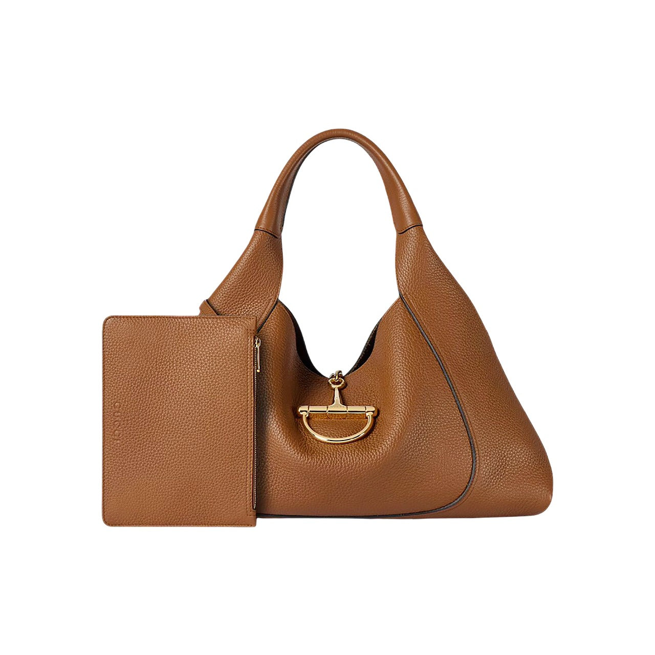 Brown leather handbag with matching pouch on a white background