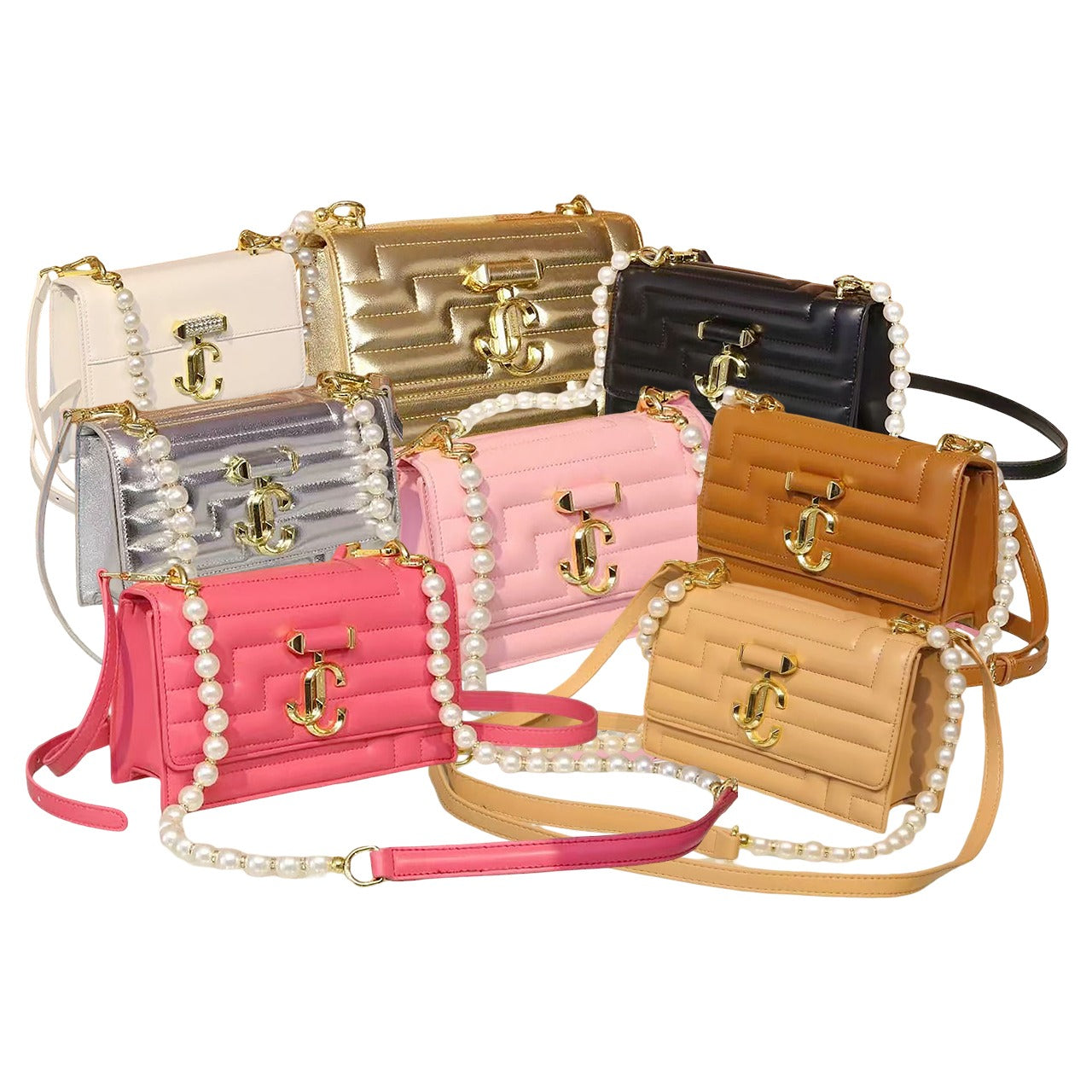 Collection of colorful handbags with pearl accents on a white background