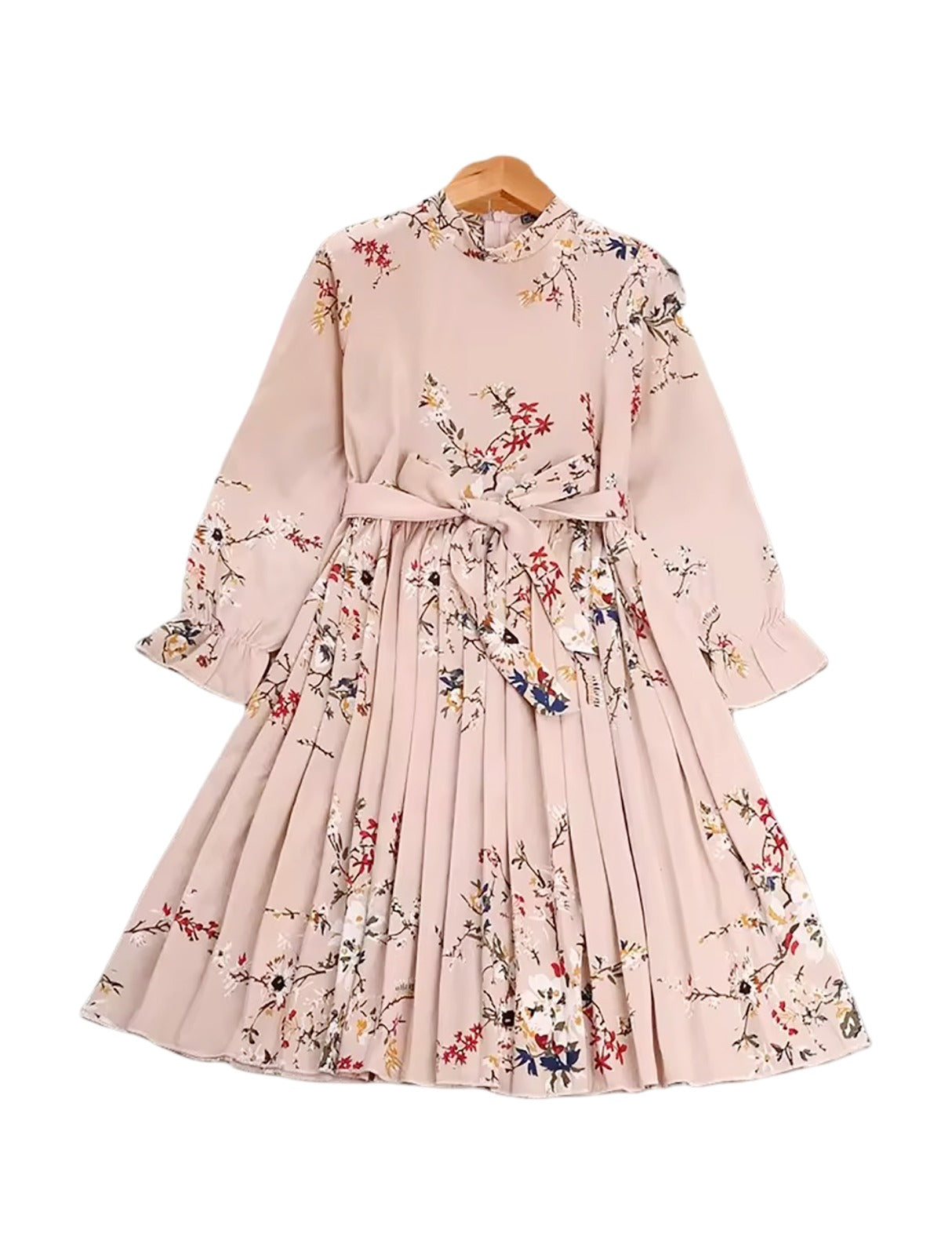Girls' Long Sleeve Floral Pleated Midi Dress