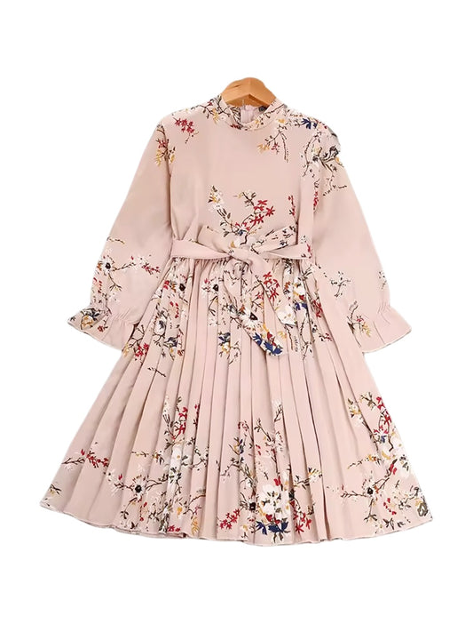 Girls' Long Sleeve Floral Pleated Midi Dress