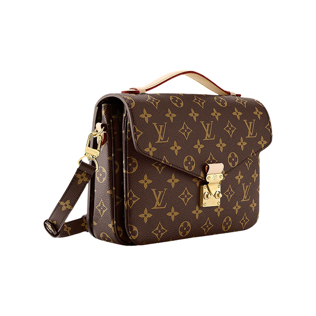 Brown handbag with gold monogram pattern on a white background