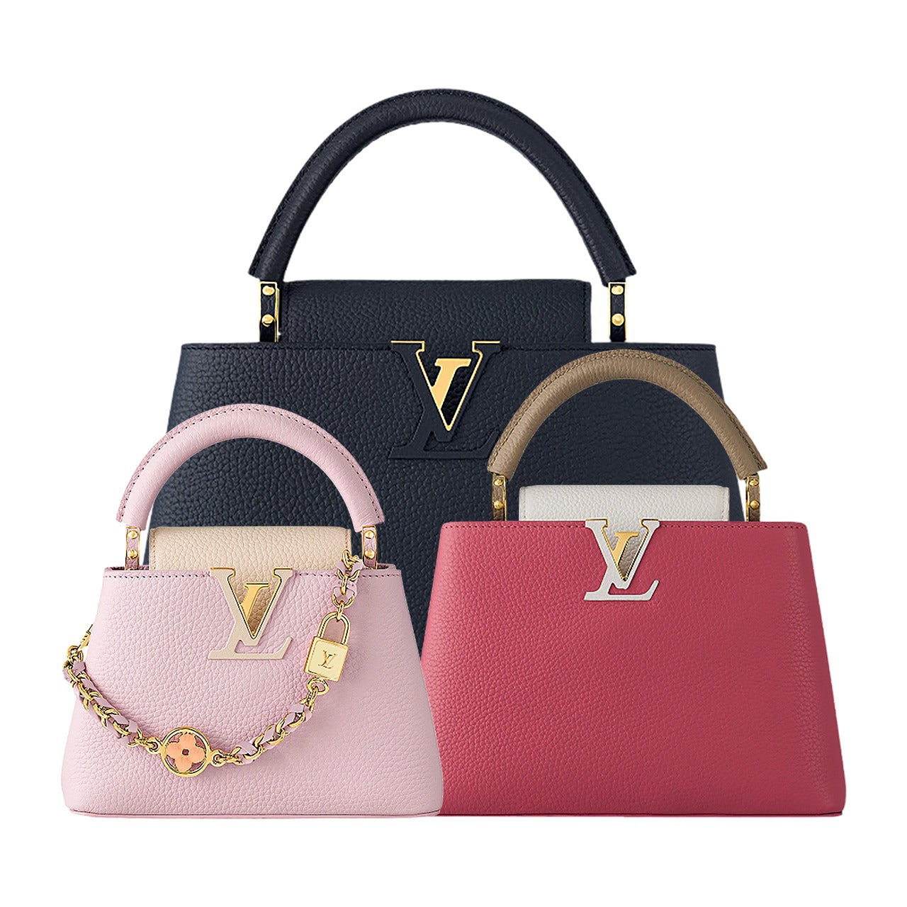 Three handbags in black, pink, and red with gold accents on a white background