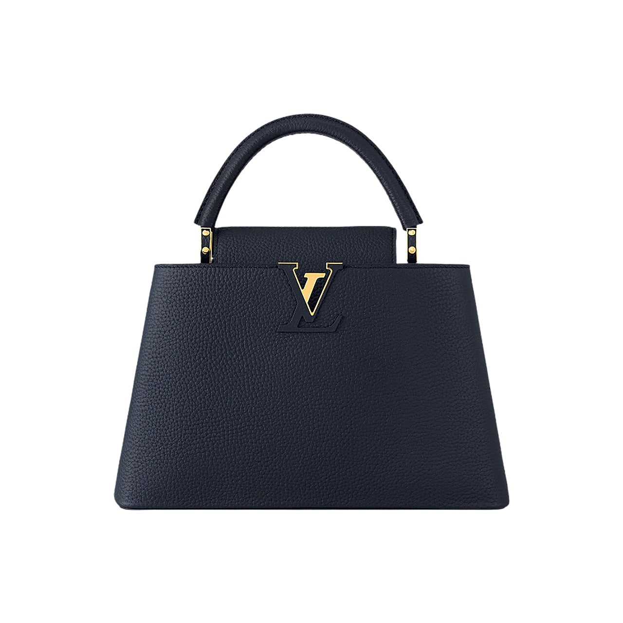 Black handbag with gold accents on a white background