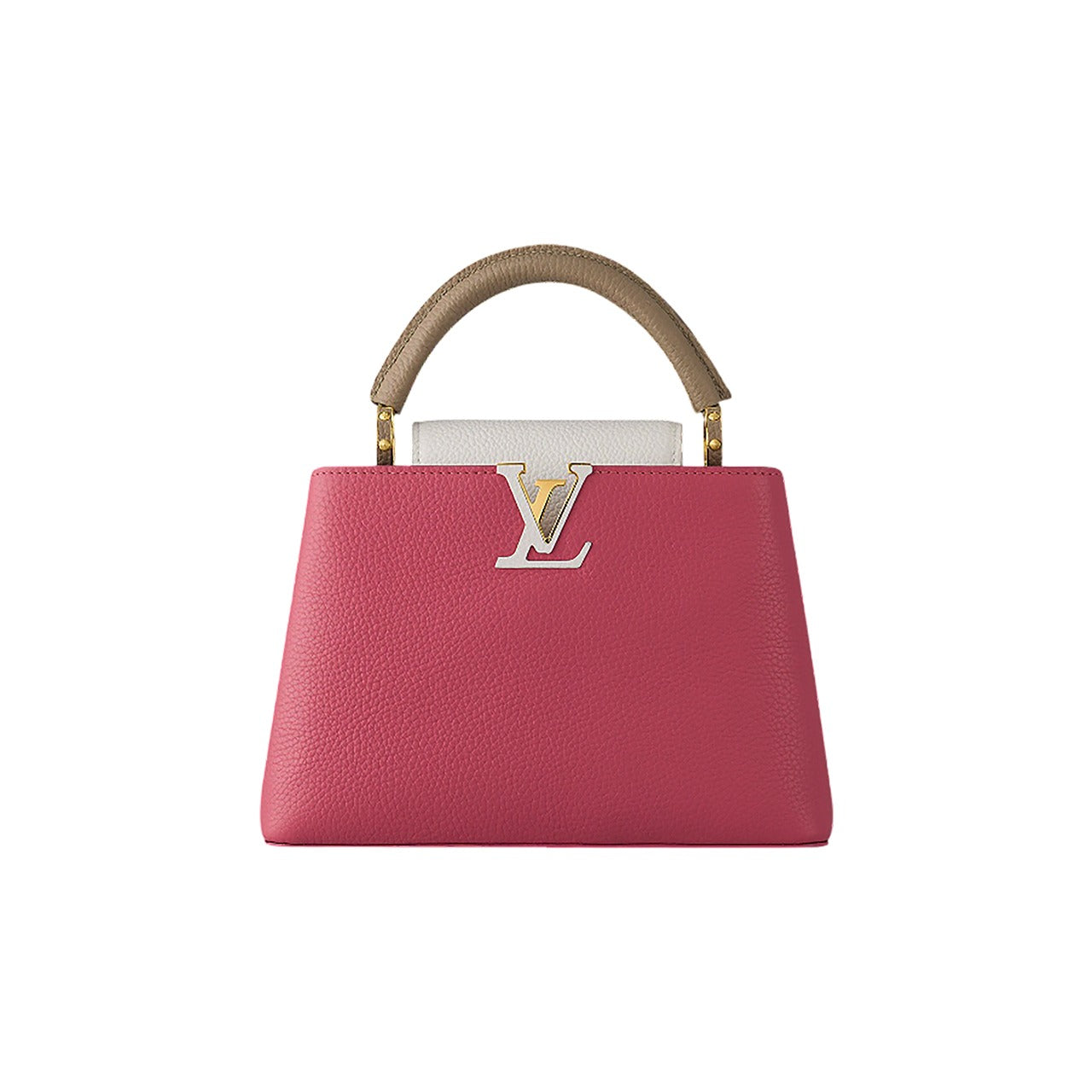 Pink handbag with a gold handle and logo on a white background