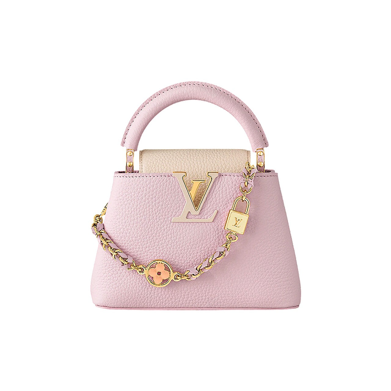 Pink handbag with gold chain and lock on a white background