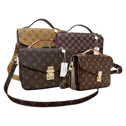 Four Louis Vuitton handbags with different patterns on a white background