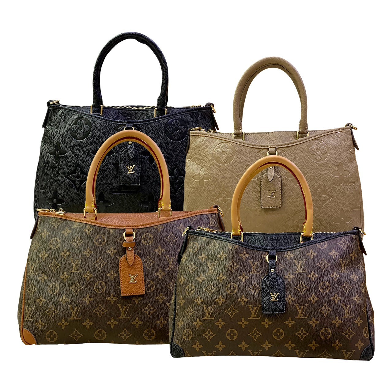 Four handbags in different colors with monogram pattern on a white background