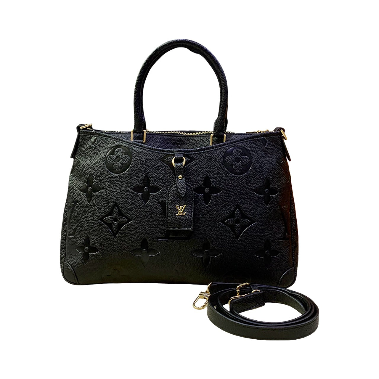 Black handbag with brand logo on a white background