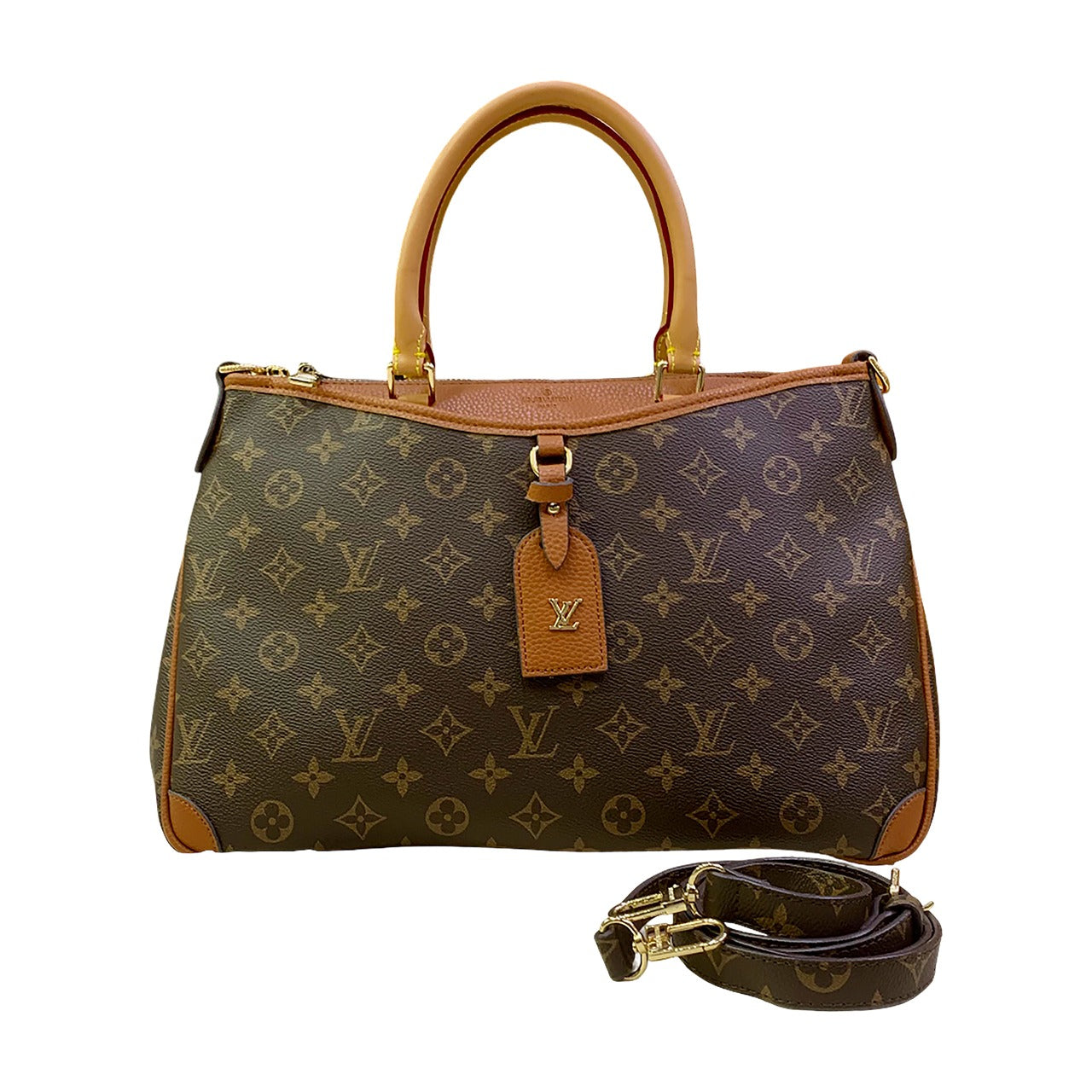 Designer handbag with monogram pattern and detachable strap on a white background