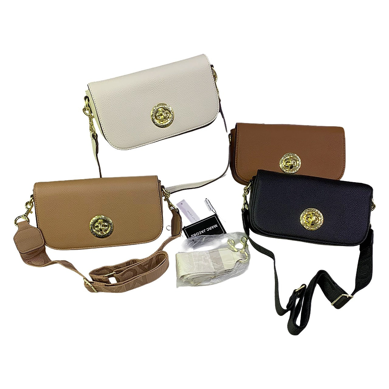 Four handbags in beige, brown, black, and gold with a visible brand logo on a white background.
