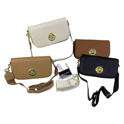 Four handbags in beige, brown, black, and gold with a visible brand logo on a white background.