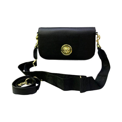 Black handbag with a gold clasp on a white background