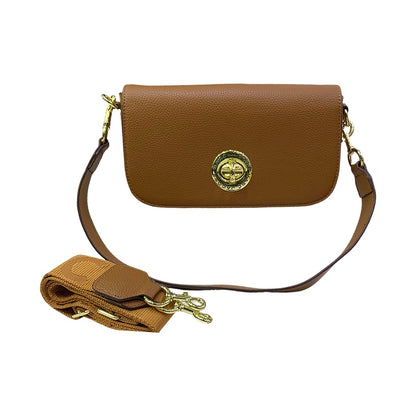 Brown leather crossbody bag with gold accents on a white background