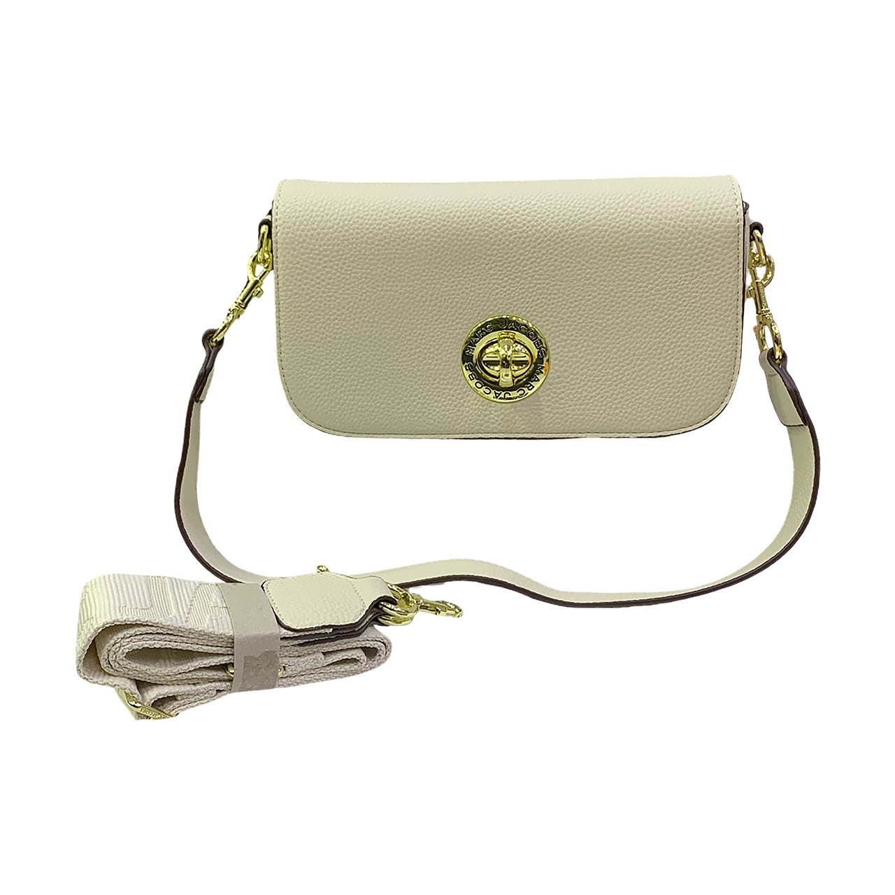 Beige handbag with a gold clasp on a white background