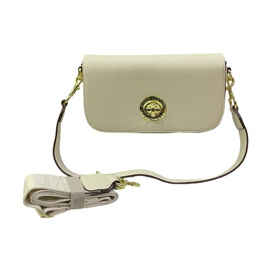 Beige handbag with a gold clasp on a white background